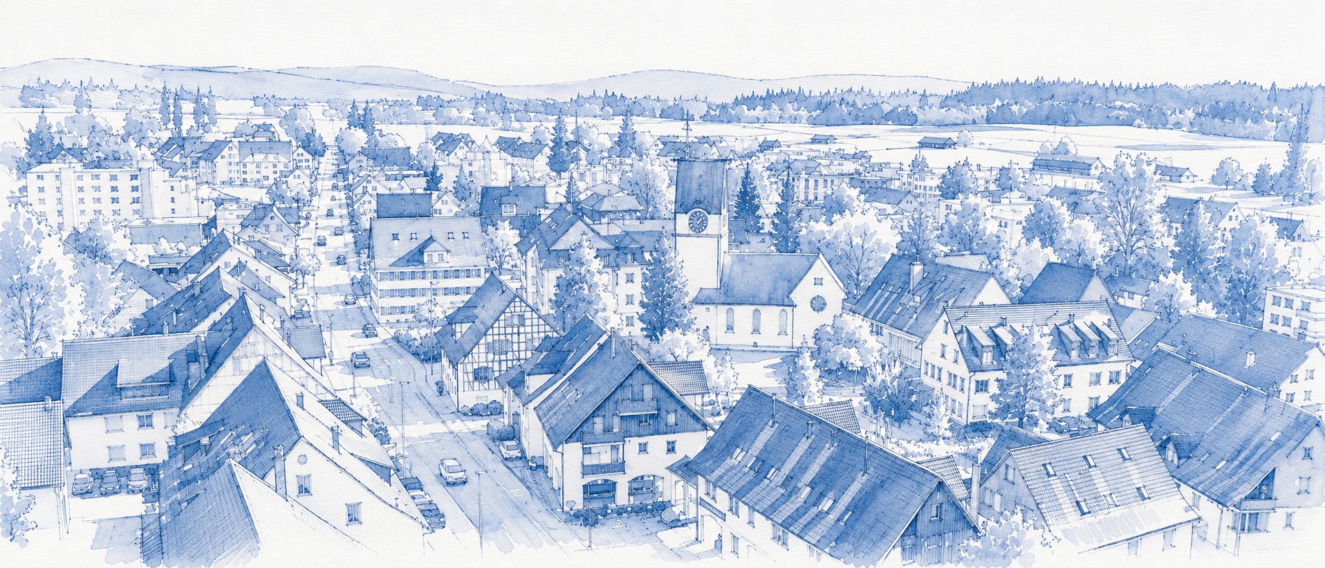Zeichnerische blaue Ansicht von Fehraltorf mit Kirche und Dorfzentrum