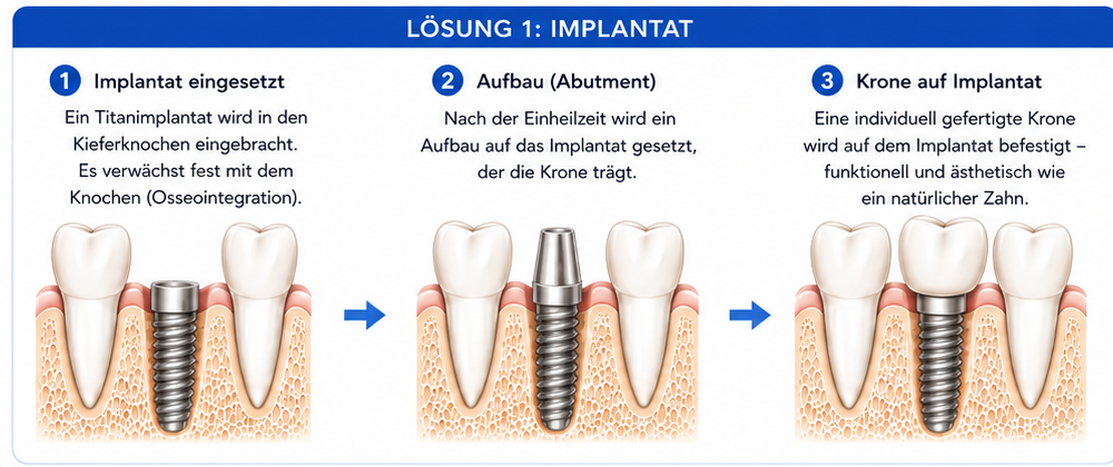 Dreistufige Darstellung eines Implantats: Implantat eingesetzt, Aufbau eingesetzt und definitive Krone