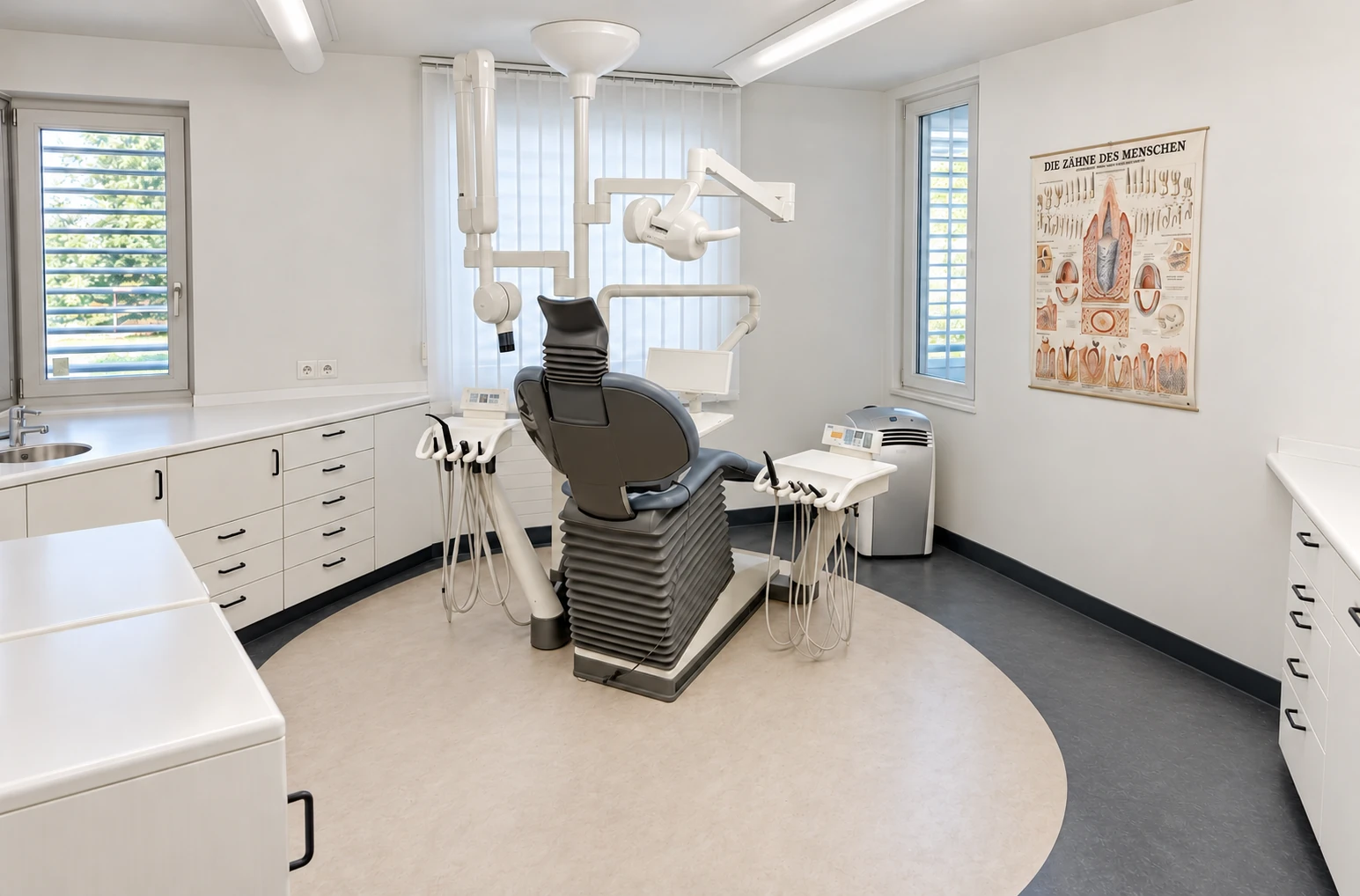 Behandlungszimmer mit Tageslicht und klassischer Zahndarstellung